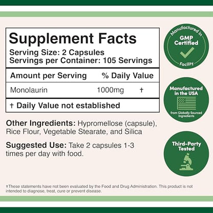 Monolaurin Immune Support – 1,000mg per Serving, 210 Capsules | Vegan, Non-GMO, Gluten Free | Immune Booster by Double Wood