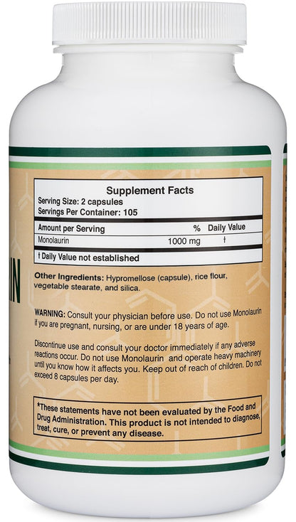 Monolaurin Immune Support – 1,000mg per Serving, 210 Capsules | Vegan, Non-GMO, Gluten Free | Immune Booster by Double Wood