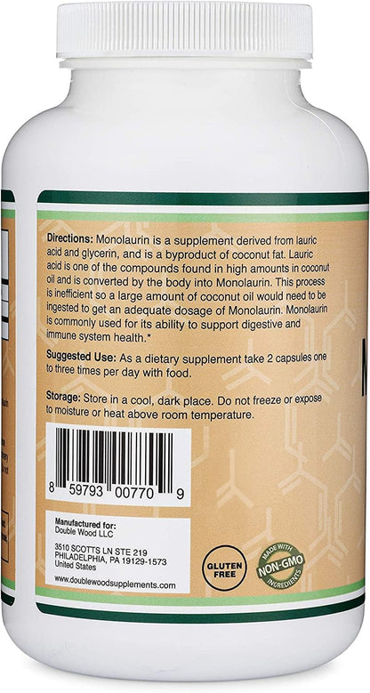 Monolaurin Immune Support – 1,000mg per Serving, 210 Capsules | Vegan, Non-GMO, Gluten Free | Immune Booster by Double Wood