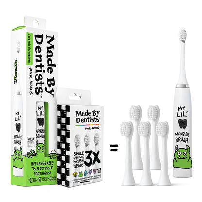 Monster Kids Electric Toothbrush – Made by Dentists, Rechargeable, 2-Min Timer, 6 Heads