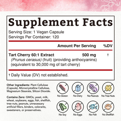 Bonawell Tart Cherry 60:1 Extract Capsules – 30,000 mg Equivalent | Montmorency Tart Cherry | 120 Caps