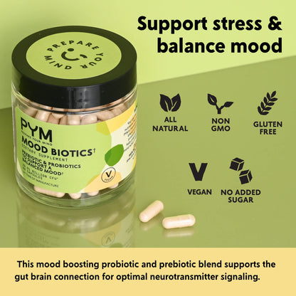 PYM Mood Biotics: Probiotic & Prebiotic Mood Support – 22.91B CFU, 60 Count, Vegan, Gluten Free, Non-GMO