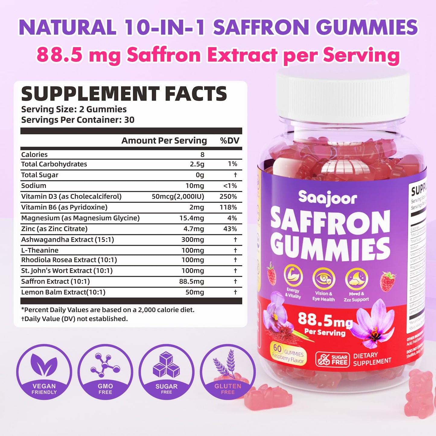Saffron Gummies for Adult Kids - 88.5mg Saffron, Mood & Focus, Vegan Raspberry 60 Gummies