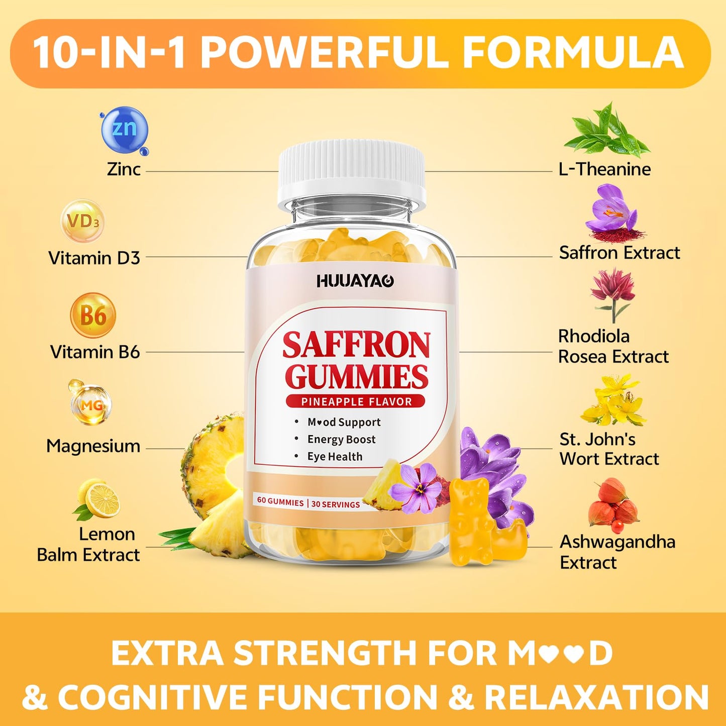10-IN-1 Saffron Gummies – Sugar Free Mood & Focus Support (Pineapple, 120 Count)