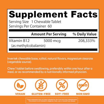 Doctor's Best Chewable Methyl B12 (Methylcobalamin) – Energy, Mood & Memory Support | Vegan, Non-GMO, Gluten Free | 60 Tablets