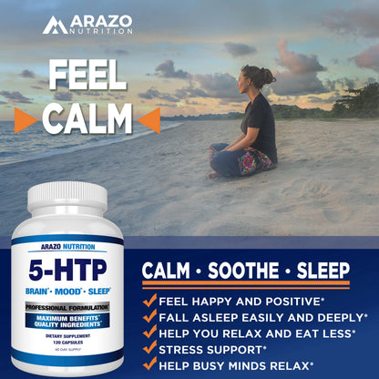 5-HTP 200 mg Plus Calcium – Mood & Sleep Support | 120 Capsules | Arazo Nutrition