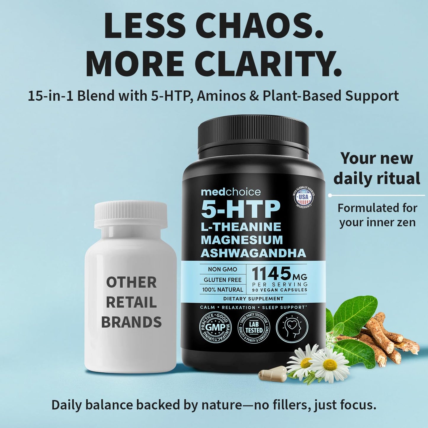 15-in-1 Mood Support Supplement - 5-HTP 200mg + L-Theanine, Magnesium & Ashwagandha
