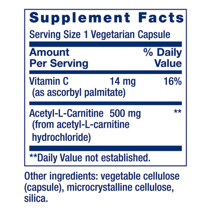 Acetyl-L-Carnitine with Vitamin C for Brain & Nerve Health | 3-Month Supply | Gluten-Free, Non-GMO, Vegetarian | 100 Capsules
