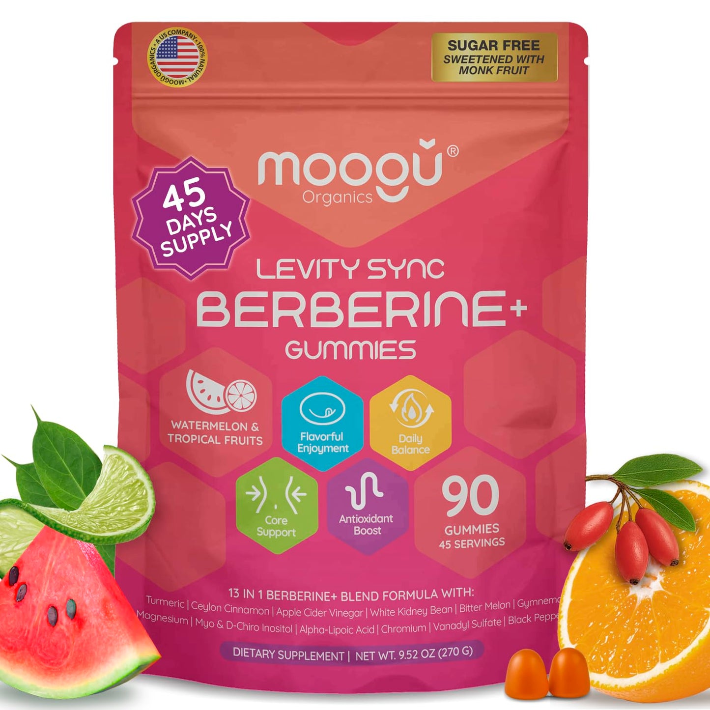 Moogǔ Organics Berberine Gummies – Turmeric, Cinnamon, Alpha-Lipoic Acid (90 ct)