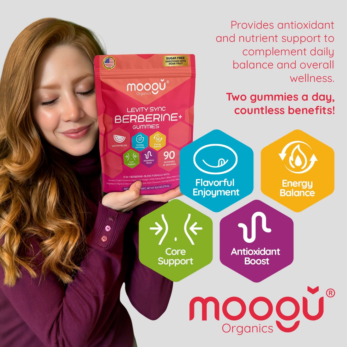 Moogǔ Organics Berberine Gummies – Turmeric, Cinnamon, Alpha-Lipoic Acid (90 ct)