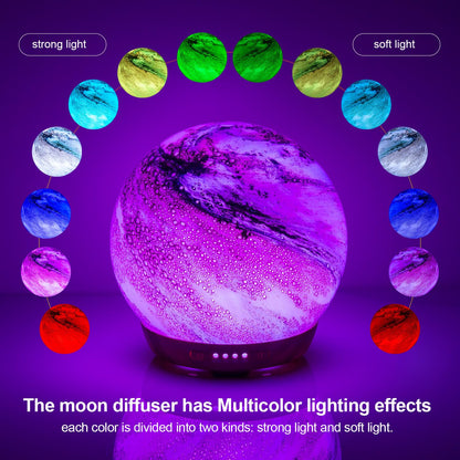 Moon Essential Oil Diffuser – Glass Cover, 250ml, 4 Timer Modes, 7 LED Colors