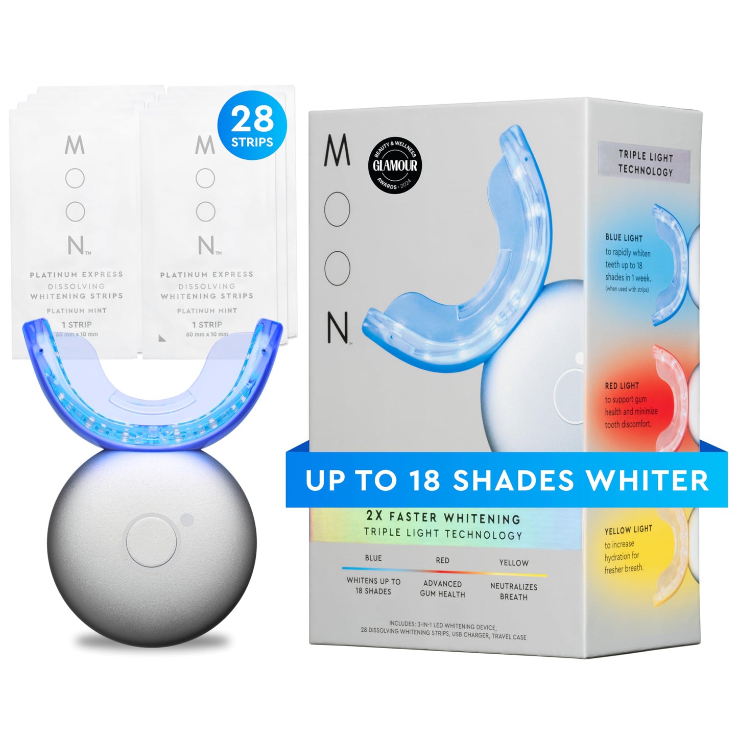 MOON Teeth Whitening Kit — LED Light Therapy, 18-Shade Whitening (4-Piece Kit)