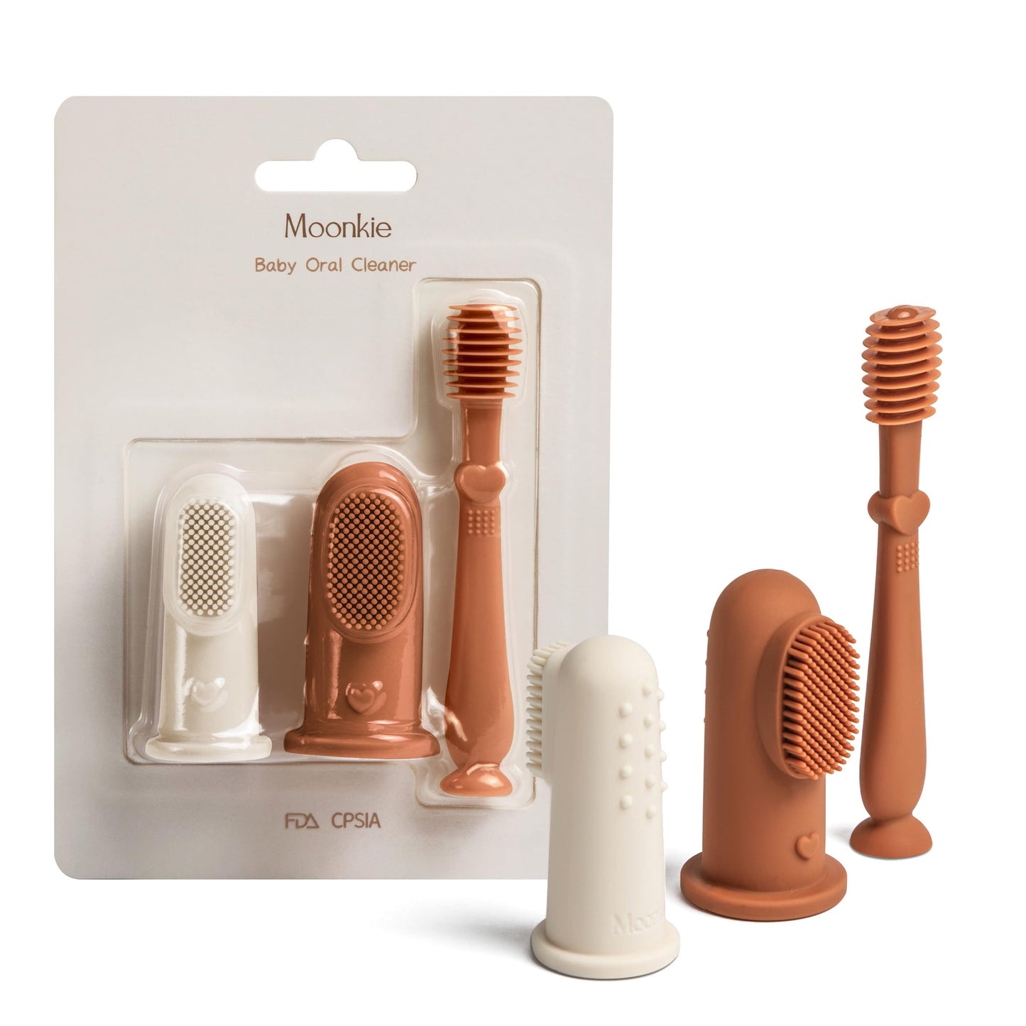 Moonkie Baby Finger Toothbrush Tongue Cleaner Kit – 3 Months+ (3 Pcs) – Clay/Ivory/Clay