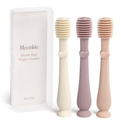 Moonkie Baby Tongue Cleaner 3-Pack – Silicone Oral Care Kit (Blush, Pale Mauve, Ivory)