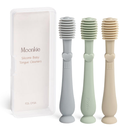 Moonkie Baby Tongue Cleaner 3-Piece Set | Silicone Baby Oral Care Kit for 3 Months+ (Blue/Mint/Sand)