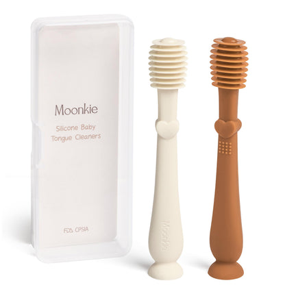 Moonkie Baby Tongue Cleaner – 2-Piece Kit (Clay/Ivory) for Newborns 3 Months+ | Toddler Toothbrush & Baby Oral Cleaner