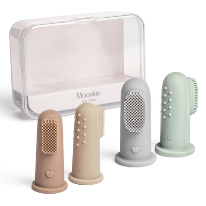 Moonkie Baby Finger Toothbrush Kit - 4 Pcs (Small Sand/Warm Taupe, Large Blue/Mint)