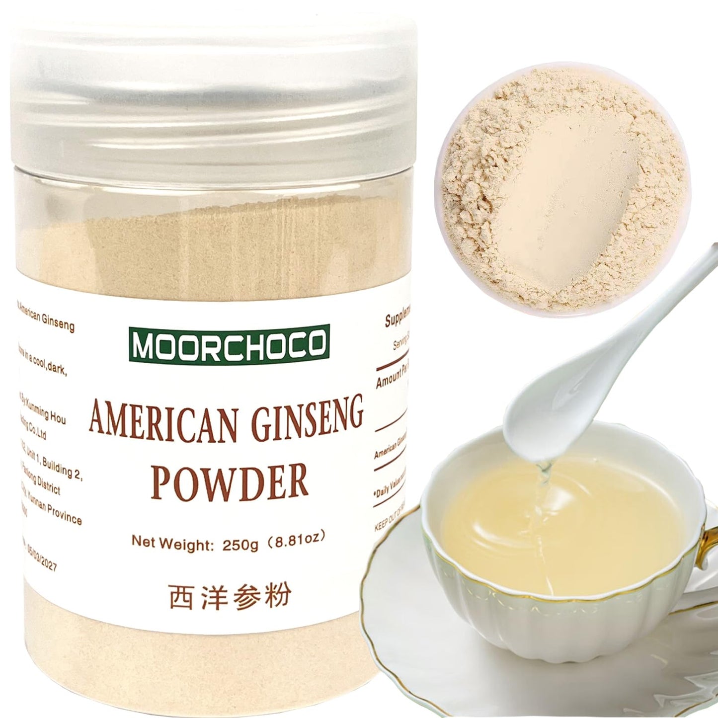 MOORCHOCO Western Ginseng Powder 250g | Wisconsin Panax Root, Non-GMO, Gluten-Free