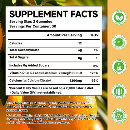 MOORGUMY Calcium Citrate Gummies – 1200mg Calcium + 1000IU Vitamin D3 | Orange, 120 Count