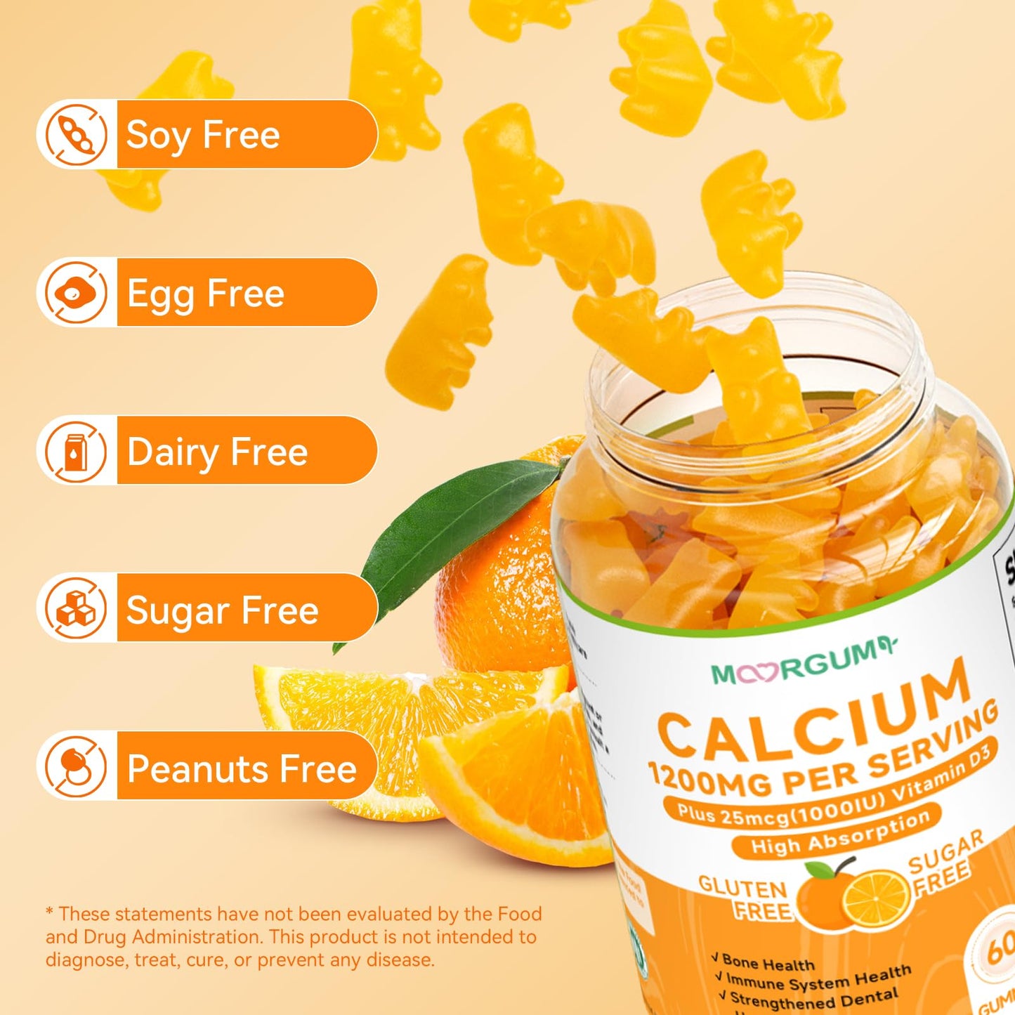 MOORGUMY Calcium Citrate Gummies – 1200mg Calcium + 1000IU Vitamin D3 | Orange, 120 Count