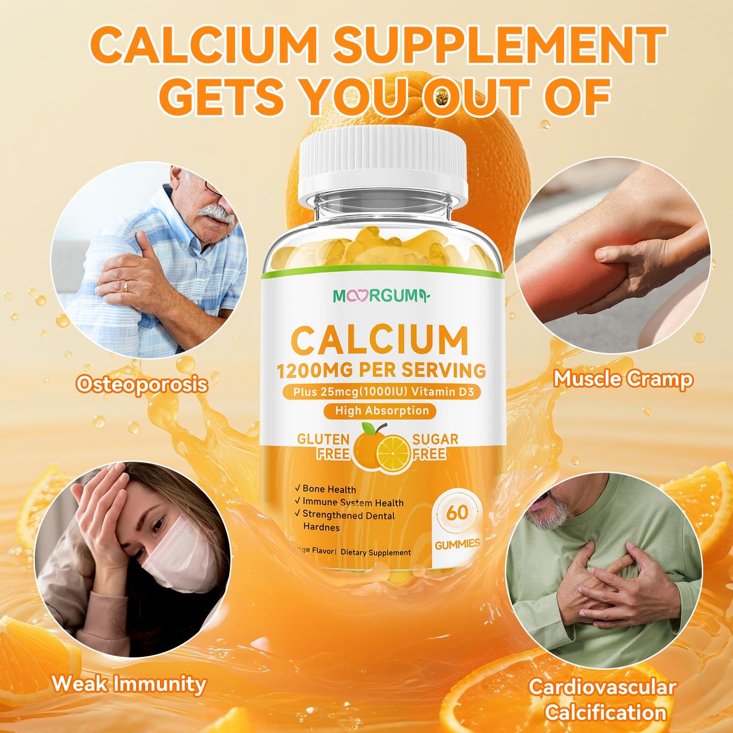MOORGUMY Calcium Citrate Gummies – 1200mg Calcium + 1000IU Vitamin D3 | Orange, 120 Count