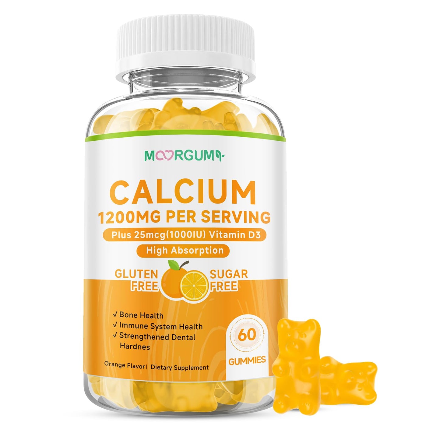 MOORGUMY Calcium Citrate Gummies 1200 mg & Vitamin D3 1000IU | Bone & Teeth Support (Orange) 60 Count