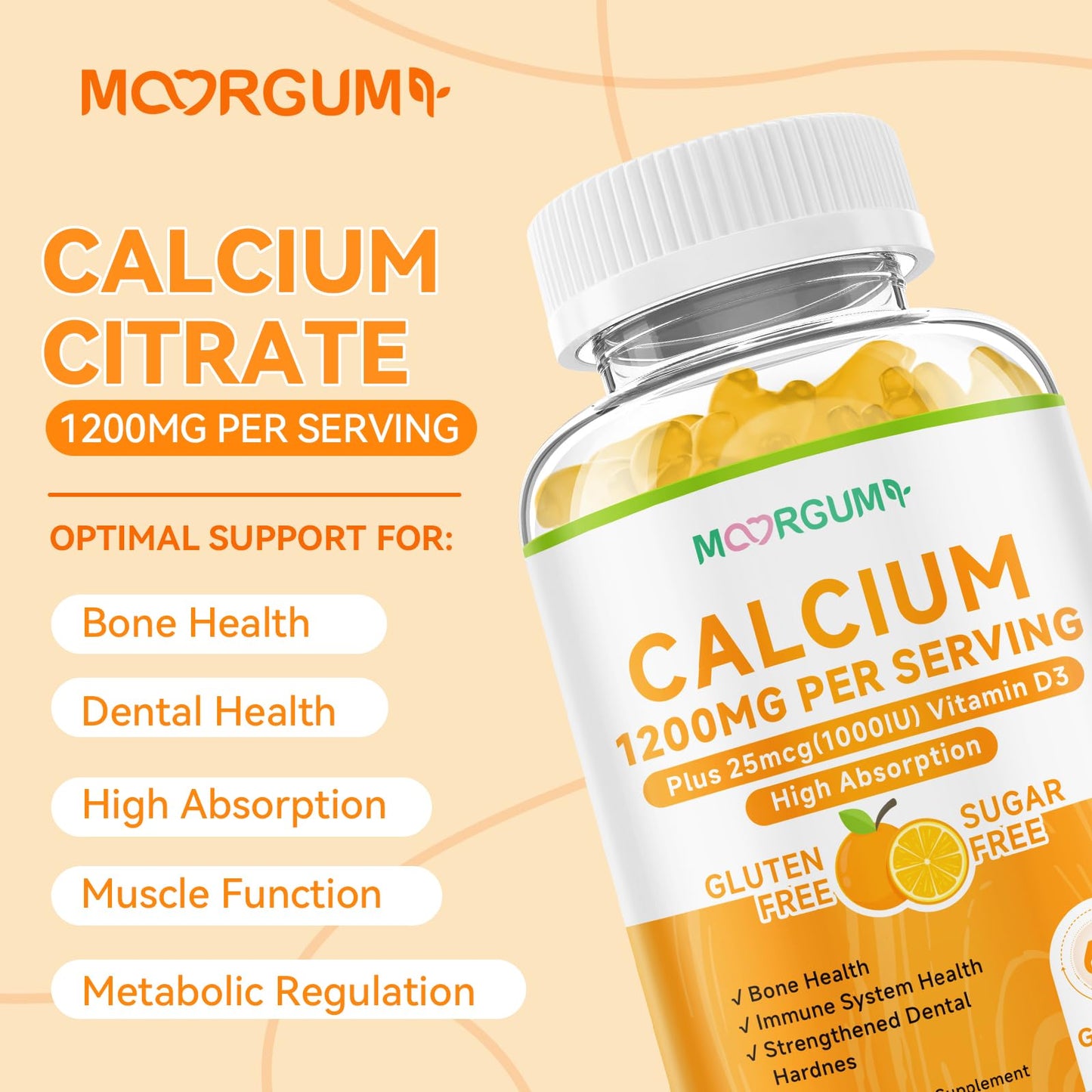 MOORGUMY Calcium Citrate Gummies 1200 mg & Vitamin D3 1000IU | Bone & Teeth Support (Orange) 60 Count