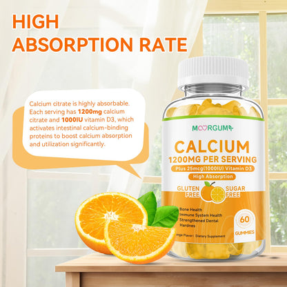 MOORGUMY Calcium Citrate Gummies 1200 mg & Vitamin D3 1000IU | Bone & Teeth Support (Orange) 60 Count