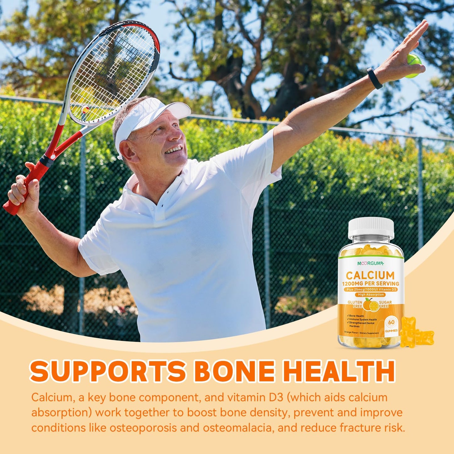 MOORGUMY Calcium Citrate Gummies 1200 mg & Vitamin D3 1000IU | Bone & Teeth Support (Orange) 60 Count