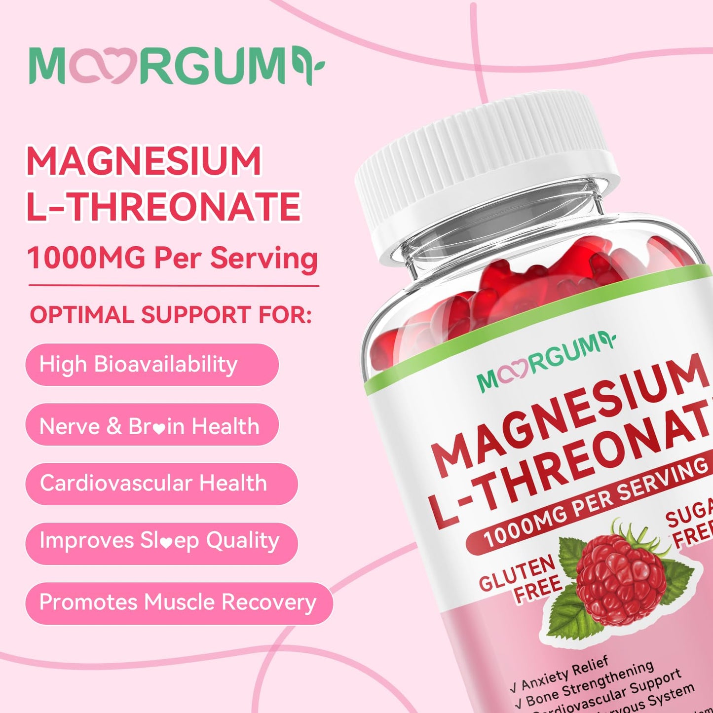 MOORGUMY Magnesium L-threonate Gummies – 1,000 mg | 60 Count | Memory & Sleep Support