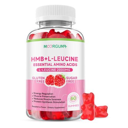 MOORGUMY HMB & L-Leucine Gummies – 2000mg L-Leucine, Calcium, Raspberry, 60 Count
