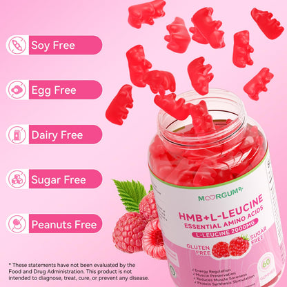 MOORGUMY HMB & L-Leucine Gummies – 2000mg L-Leucine, Calcium, Raspberry, 60 Count