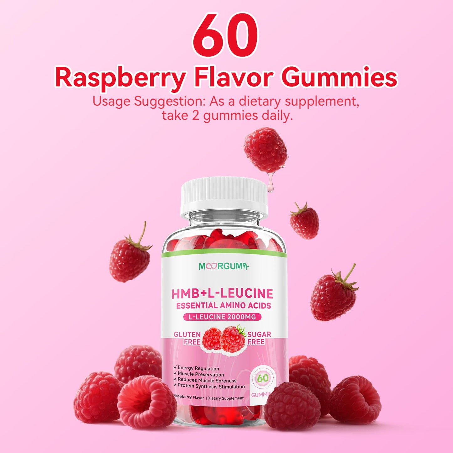 MOORGUMY HMB & L-Leucine Gummies – 2000mg L-Leucine, Calcium, Raspberry, 60 Count