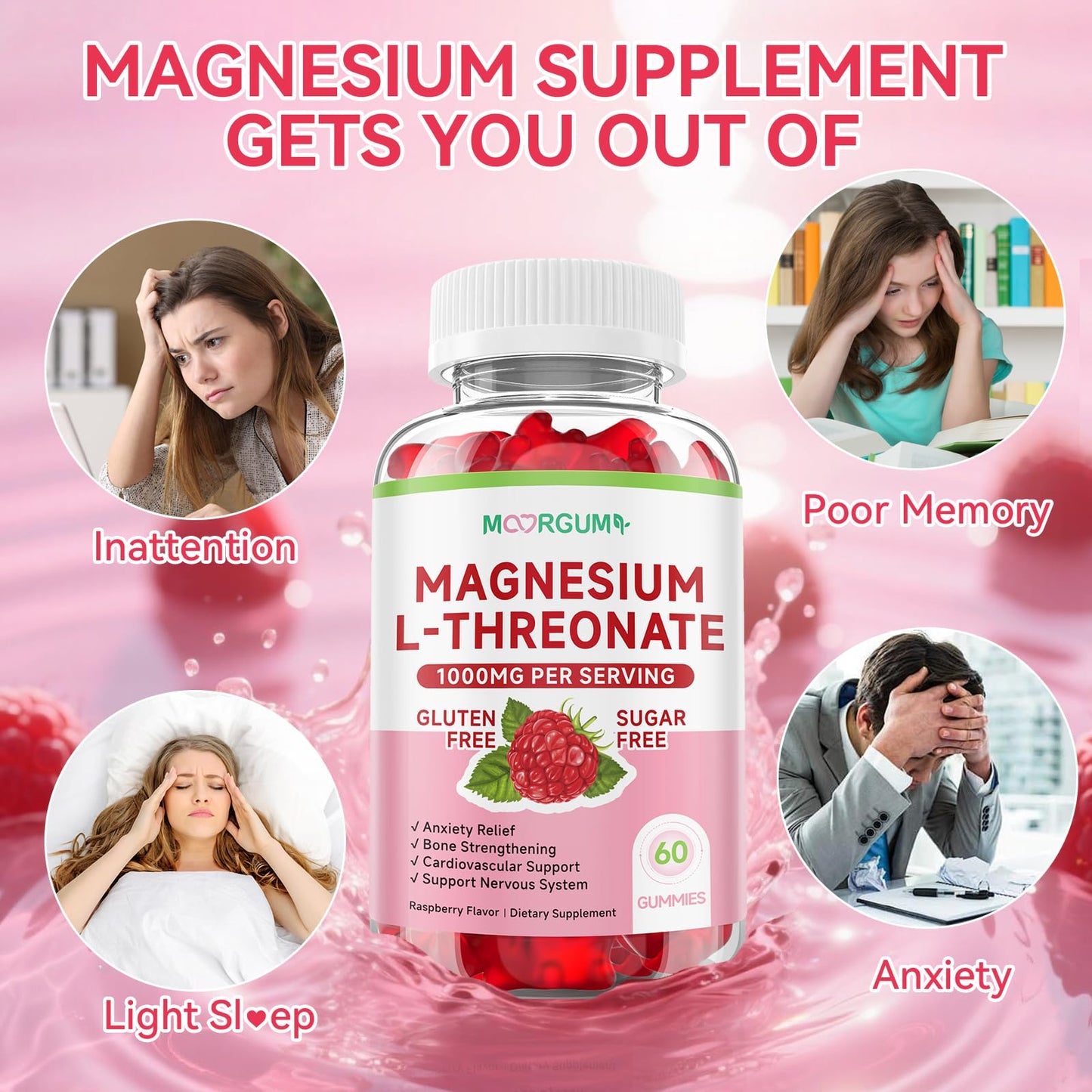 MOORGUMY Magnesium L-threonate Gummies – 1,000 mg | 60 Count | Memory & Sleep Support