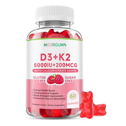 MOORGUMY Vitamin D3 K2 Gummies – 5000 IU D3, 200 mcg K2 MK-4 & MK-7, 600 mg Calcium – Supports Calcium Absorption, Healthy Bones, Immune & Heart Health – 60 Count