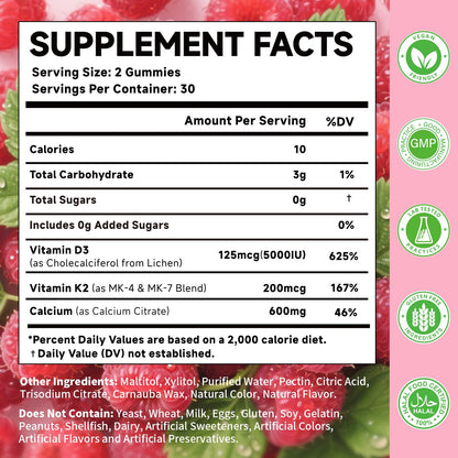 MOORGUMY Vitamin D3 K2 Gummies – 5000 IU D3, 200 mcg K2 MK-4 & MK-7, 600 mg Calcium – Supports Calcium Absorption, Healthy Bones, Immune & Heart Health – 60 Count
