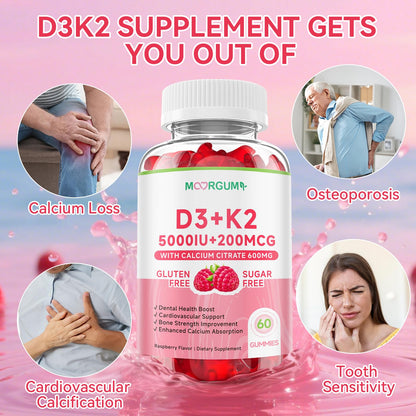 MOORGUMY Vitamin D3 K2 Gummies – 5000 IU D3, 200 mcg K2 MK-4 & MK-7, 600 mg Calcium – Supports Calcium Absorption, Healthy Bones, Immune & Heart Health – 60 Count