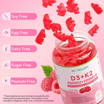 MOORGUMY Vitamin D3 K2 Gummies – 5000 IU D3, 200 mcg K2 MK-4 & MK-7, 600 mg Calcium – Supports Calcium Absorption, Healthy Bones, Immune & Heart Health – 60 Count