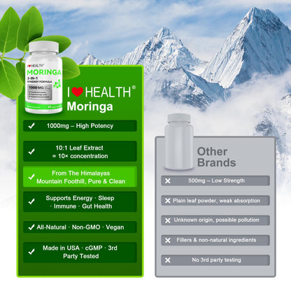 Moringa 1000mg Capsules – 10:1 Leaf Extract | Energy, Immunity & Gut Health