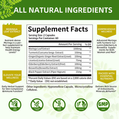 Mulittea Moringa Capsules 1000mg – 7-in-1 Turmeric, Ginger, Elderberry & Boswellia | 120 Vegan Capsules (2-Pack)