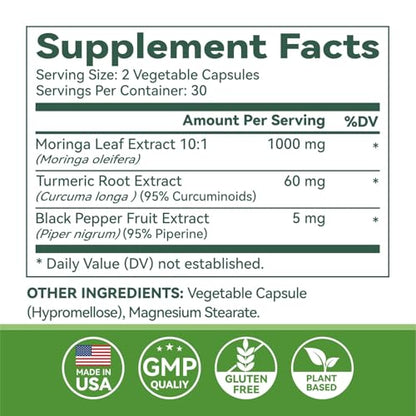 Moringa Capsules 1000mg | 10:1 Leaf Extract - USA Made
