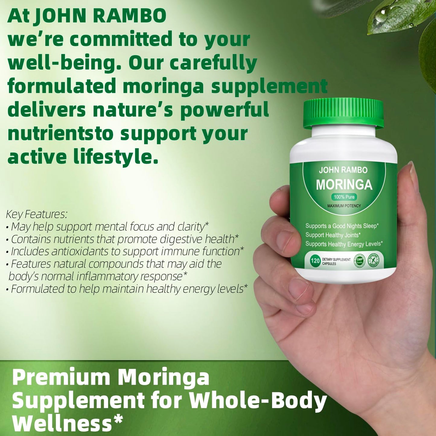 Moringa 1200 mg Capsules - 120 Count | Non-GMO Vegan Moringa Supplement