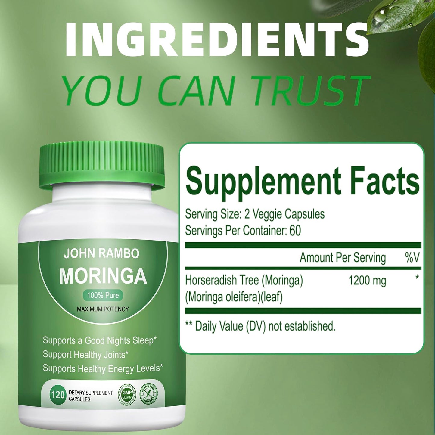 Moringa 1200 mg Capsules - 120 Count | Non-GMO Vegan Moringa Supplement