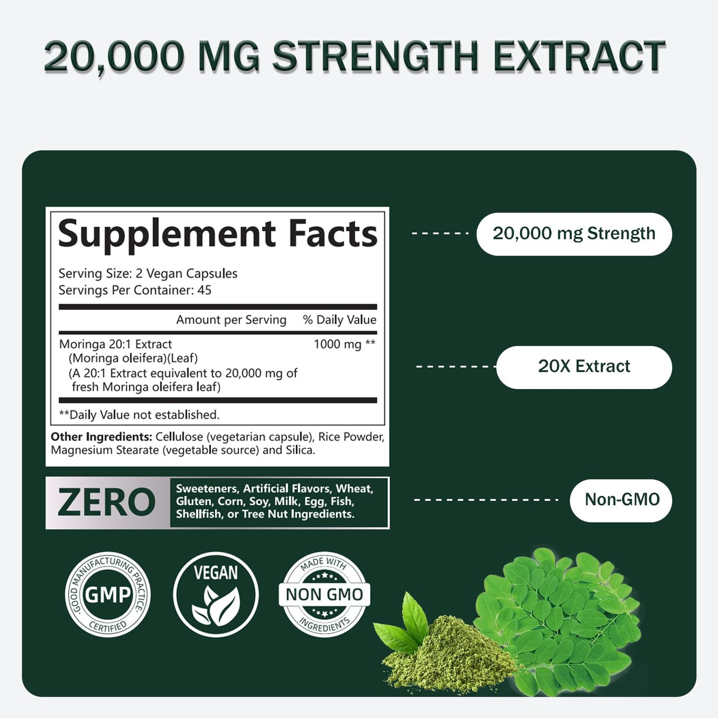 Moringa Capsules 20,000 mg Strength | 90-Count Vegan Non-GMO