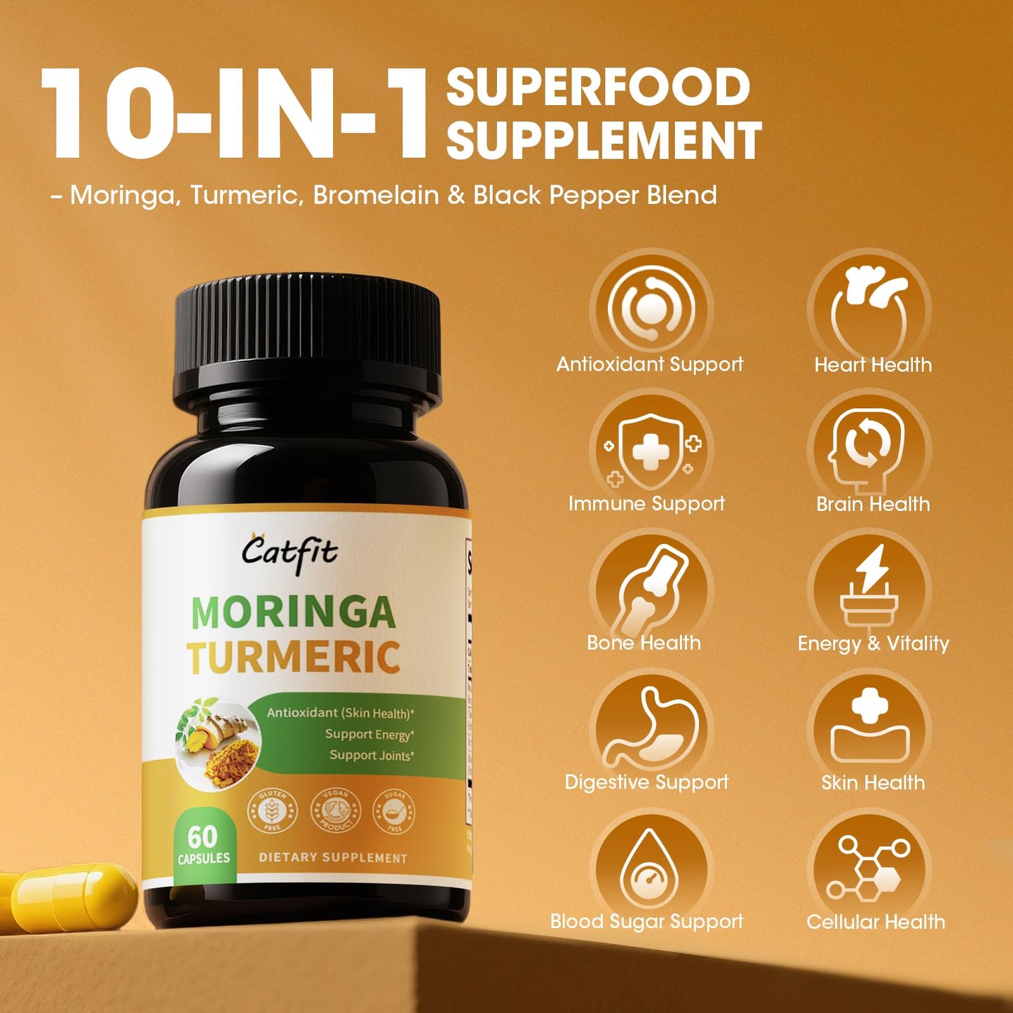 Moringa Capsules 10-in-1 Superfood Supplement – Turmeric Curcumin, Bromelain & Black Pepper – Supports Mobility & Recovery, Energy, Digestion, Immunity & Skin Vitality – Vegan, Non-GMO, Gluten-Free
