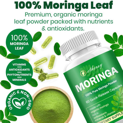 Moringa Capsules - Pure Moringa Powder 800mg per Serving | Rich in Antioxidants, Minerals & Vitamins | Green Superfood | 60 Capsules