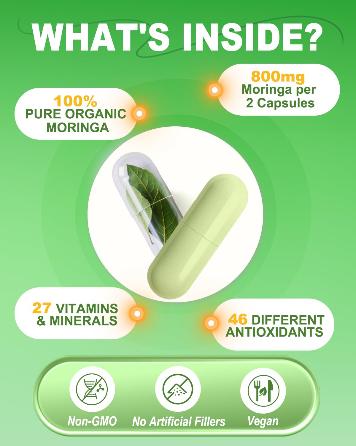 Moringa Capsules 800mg – Pure Moringa Powder Supplement (60 Capsules)