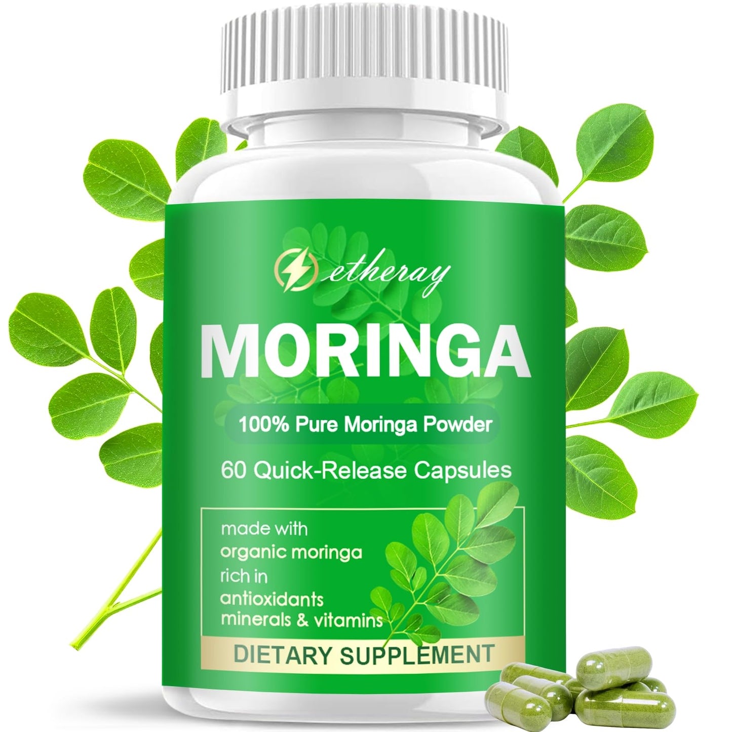 Moringa Capsules - Pure Moringa Powder 800mg per Serving | Rich in Antioxidants, Minerals & Vitamins | Green Superfood | 60 Capsules