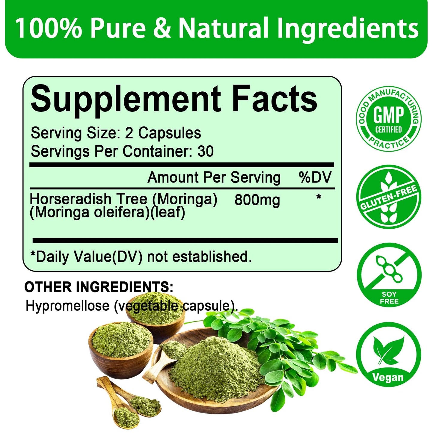 Moringa Capsules - Pure Moringa Powder 800mg per Serving | Rich in Antioxidants, Minerals & Vitamins | Green Superfood | 60 Capsules