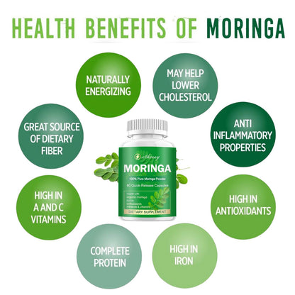 Moringa Capsules - Pure Moringa Powder 800mg per Serving | Rich in Antioxidants, Minerals & Vitamins | Green Superfood | 60 Capsules